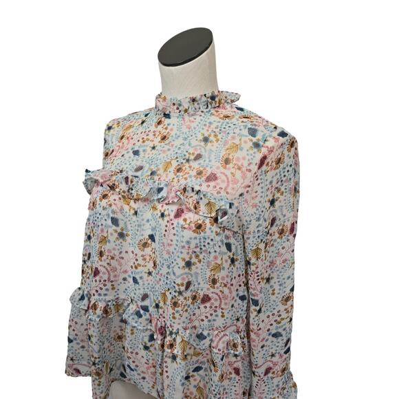 Sundance High Neck Floral Print Celina Blouse Tiered Ruffle Semi Sheer Womens XS - Picture 10 of 12